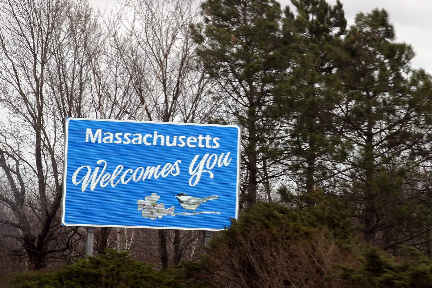 Blue highway sign reading Massachusetts Welcomes You.