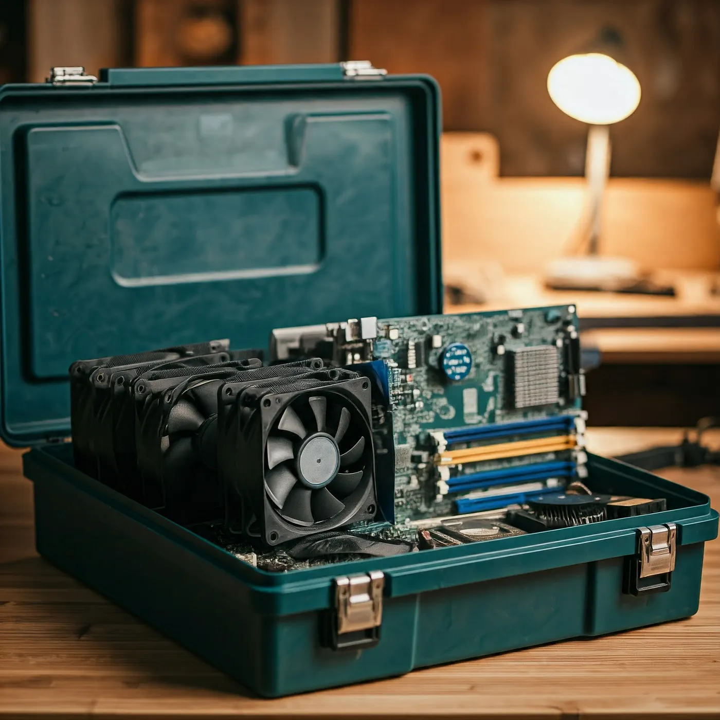 Toolbox with computer parts.